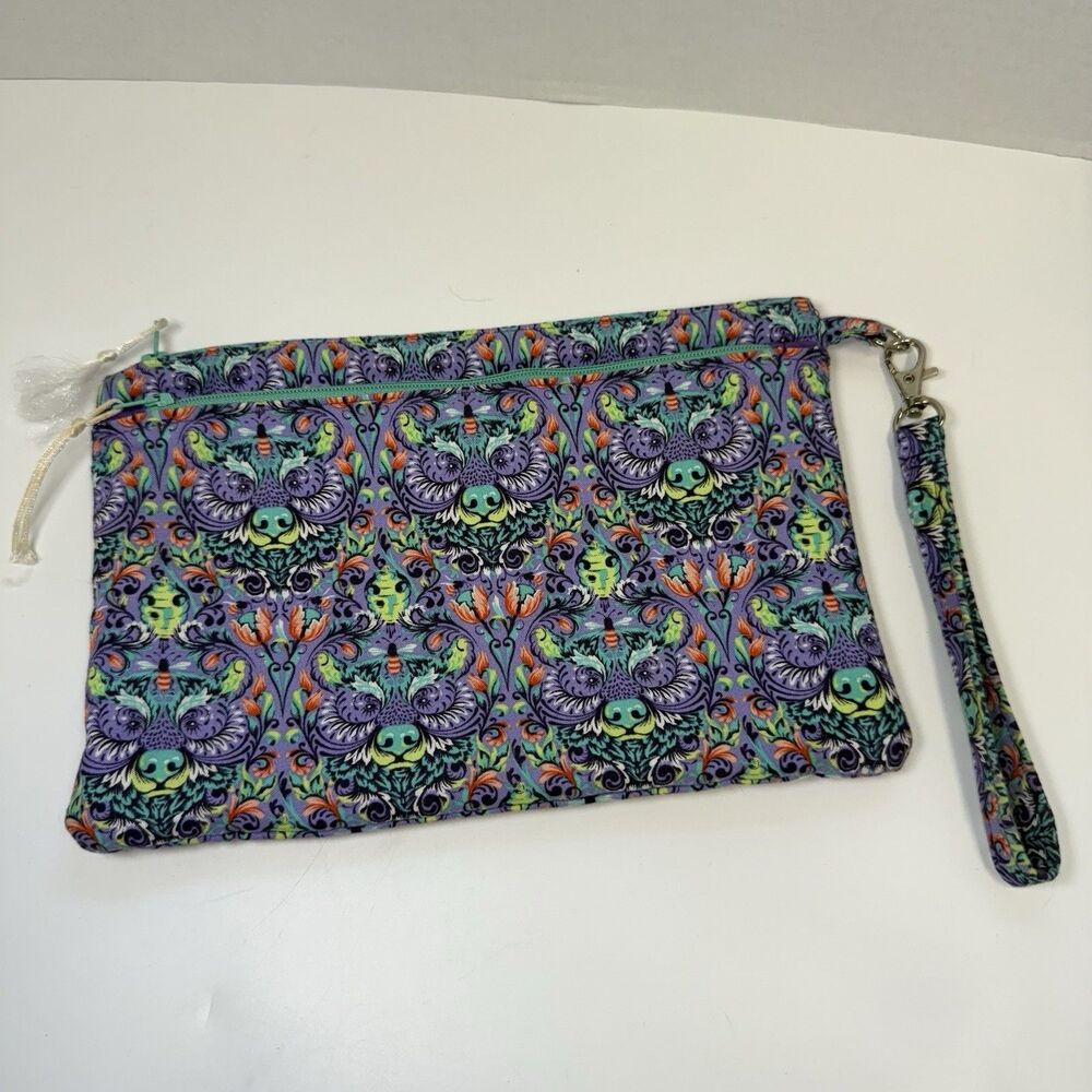 Tula Pink Tiny Beast Bear With Me Print Handmade Double Zip Wristlet Pouch New